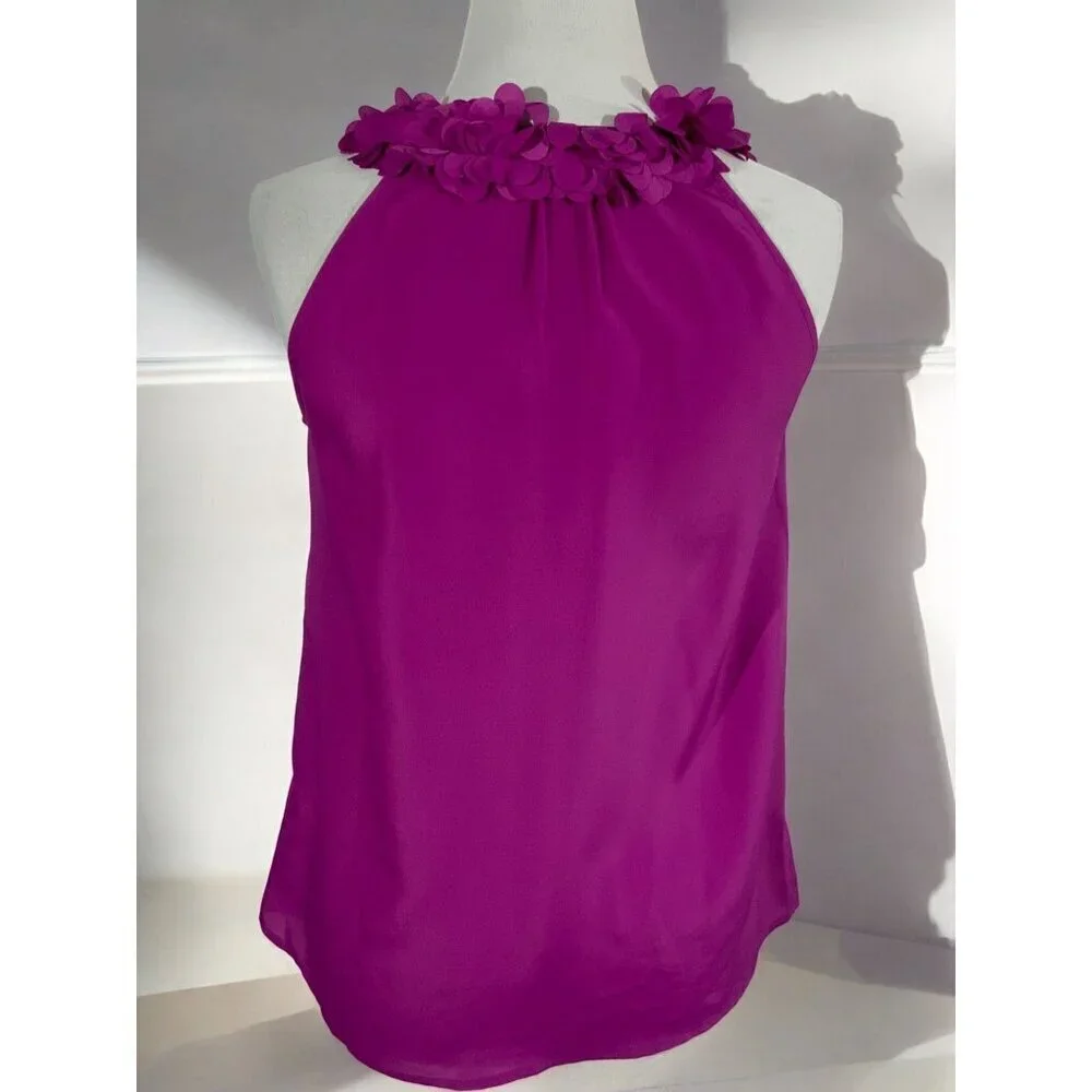 J Crew Womens Purple Sleeveless Petal Applique Halter Polyester Blouse XS